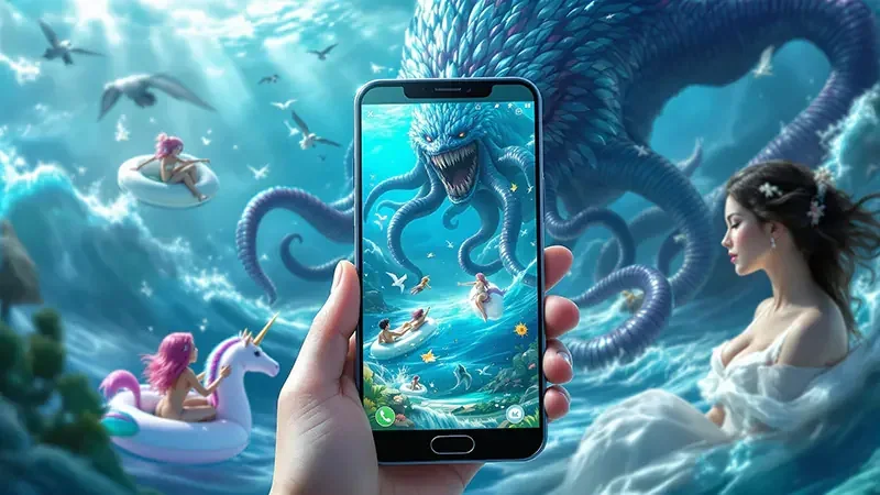 Visual permainan tembak ikan dengan suasana laut dan target bergerak