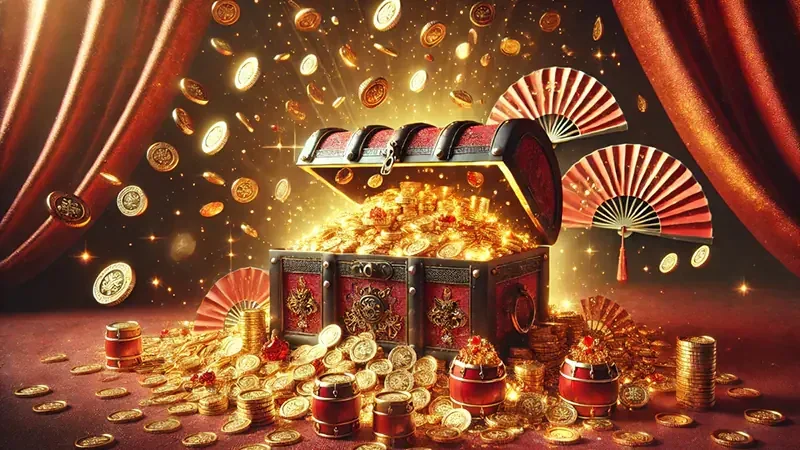 Layar slot dengan reel, simbol wild, dan elemen bonus