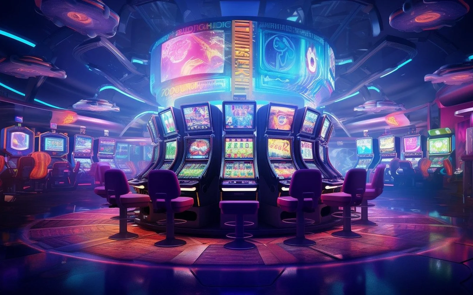 Visual permainan slot bertema dengan simbol dan efek cahaya
